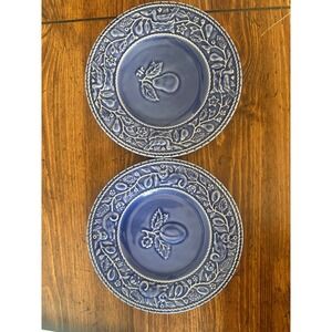 Jay Willfred Andrea by Sadek Blue Embossed Fruit Bird Plates Portugal Set of 2